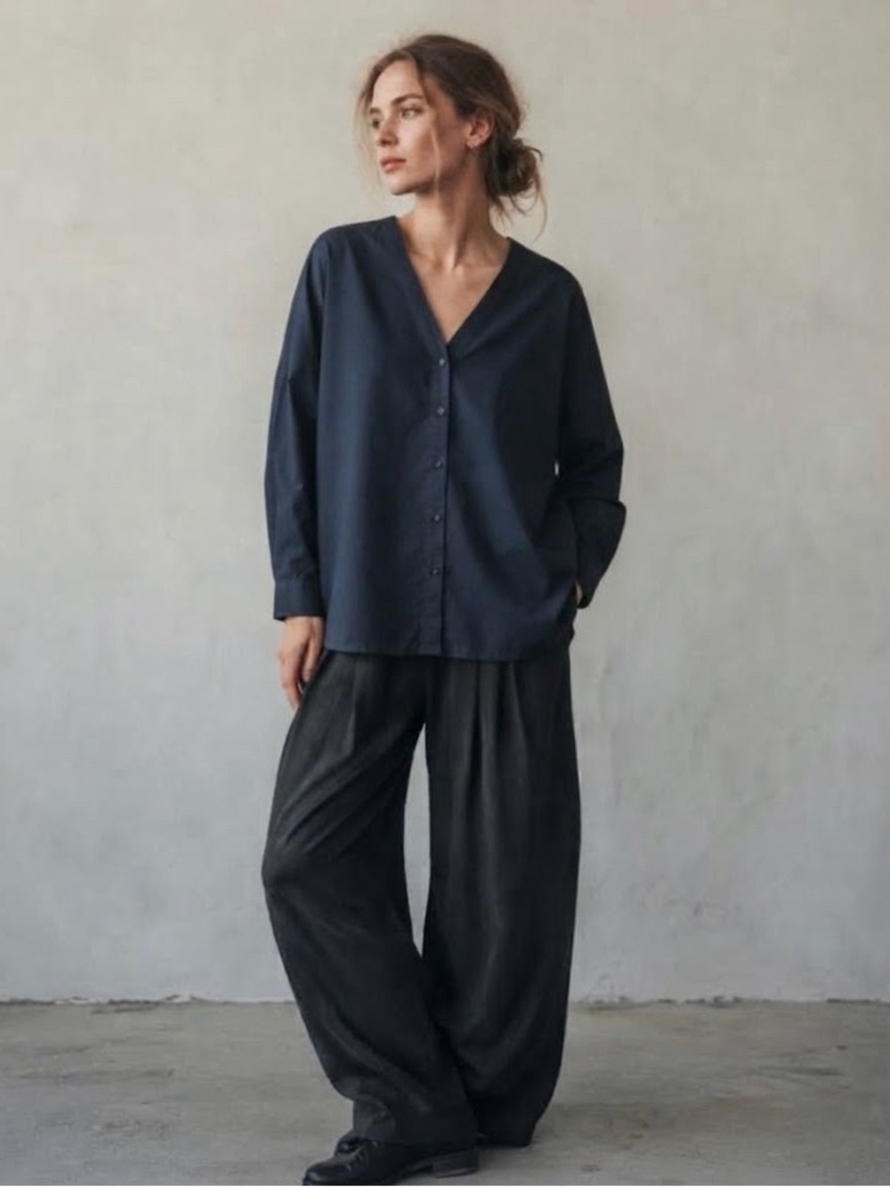 Kit & Ace Button Down Vneck Shirt Size Small Oversized Navy Blue Minimalist
